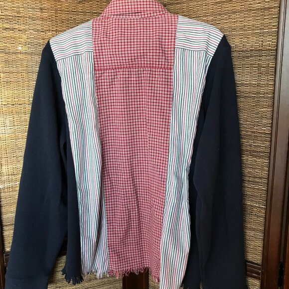 Upcycled Mixed Print Button-Down Shirt, Size M-L: Spliced Plaid & Striped Top - Picture 8 of 12